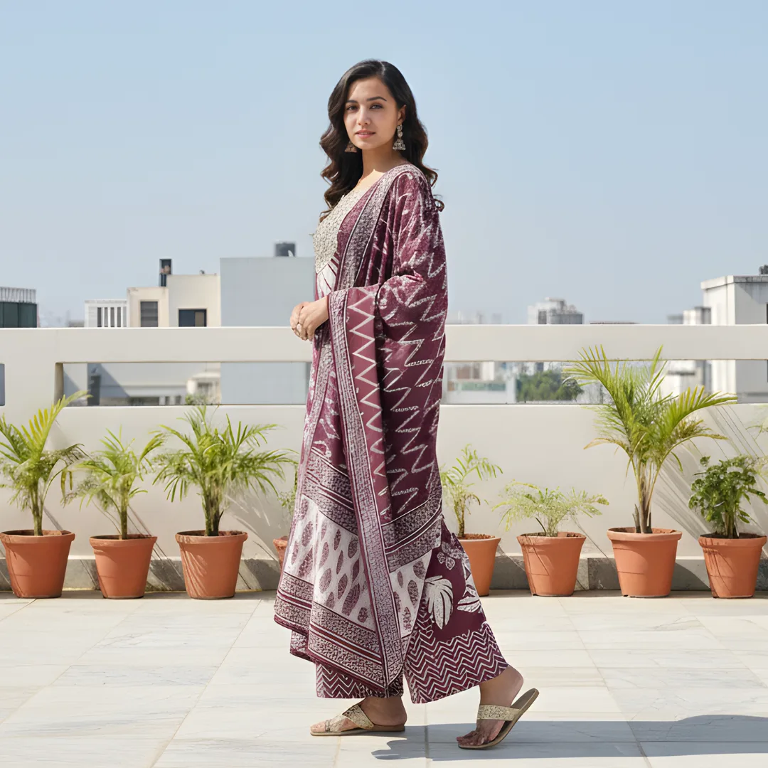 Plum printed salwar suit side view for women