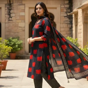 Black salwar suit with red elephant print side view