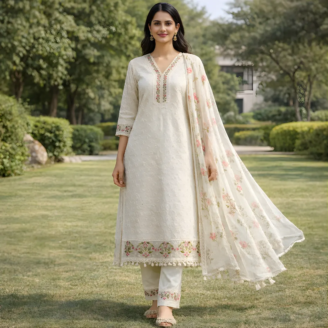 Cream floral embroidered salwar suit front view