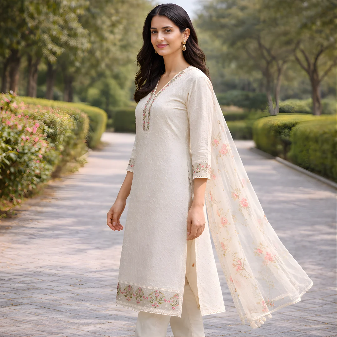 Cream Floral Embroidered Cotton Salwar Suit Set for Women - Image 2
