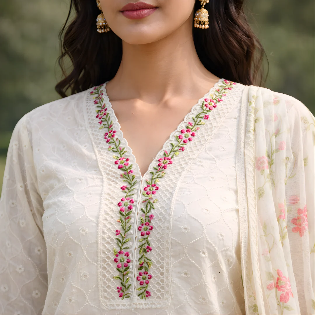 Cream salwar suit embroidered neckline close up