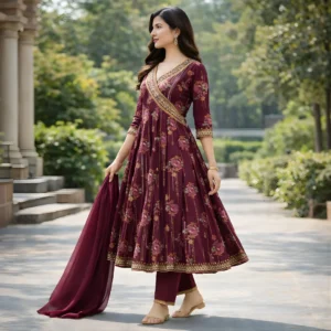 Maroon anarkali salwar suit side view with dupatta