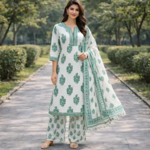 White green block print salwar suit front view for women