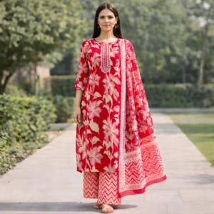 Red floral printed salwar suit front view for women