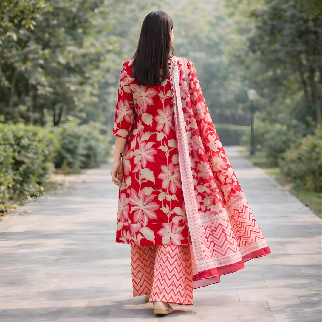 Red floral printed salwar suit back view
