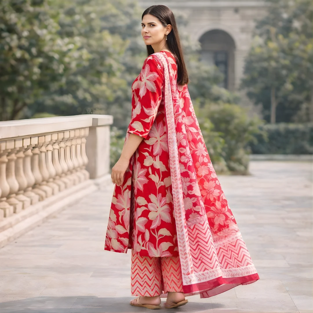 Red floral printed salwar suit side view with dupatta