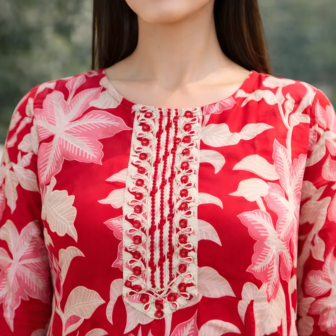 Red floral printed salwar suit neckline embroidery detail