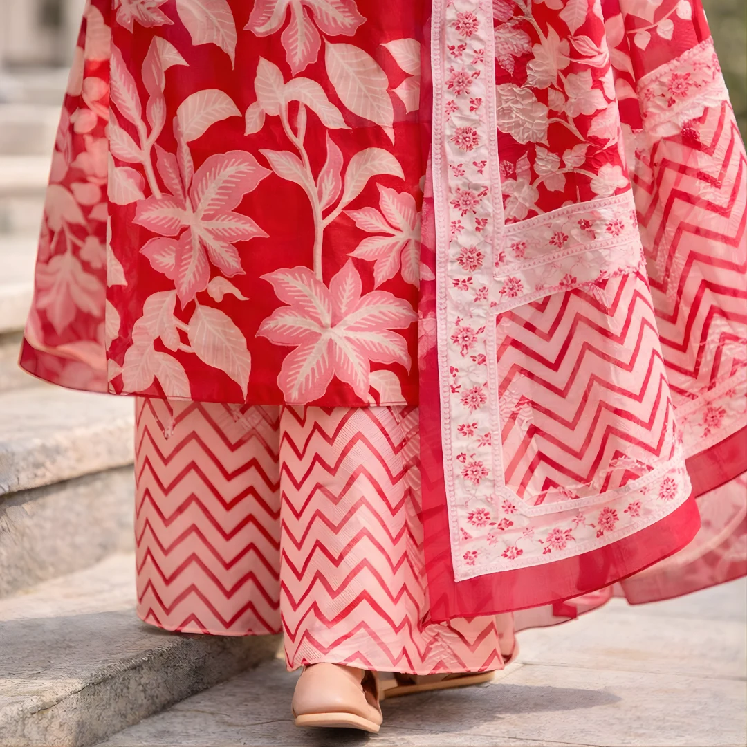 Red salwar suit chevron pants and dupatta detail