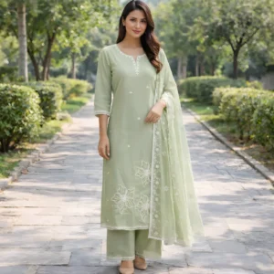 Pastel green embroidered salwar suit with dupatta front view