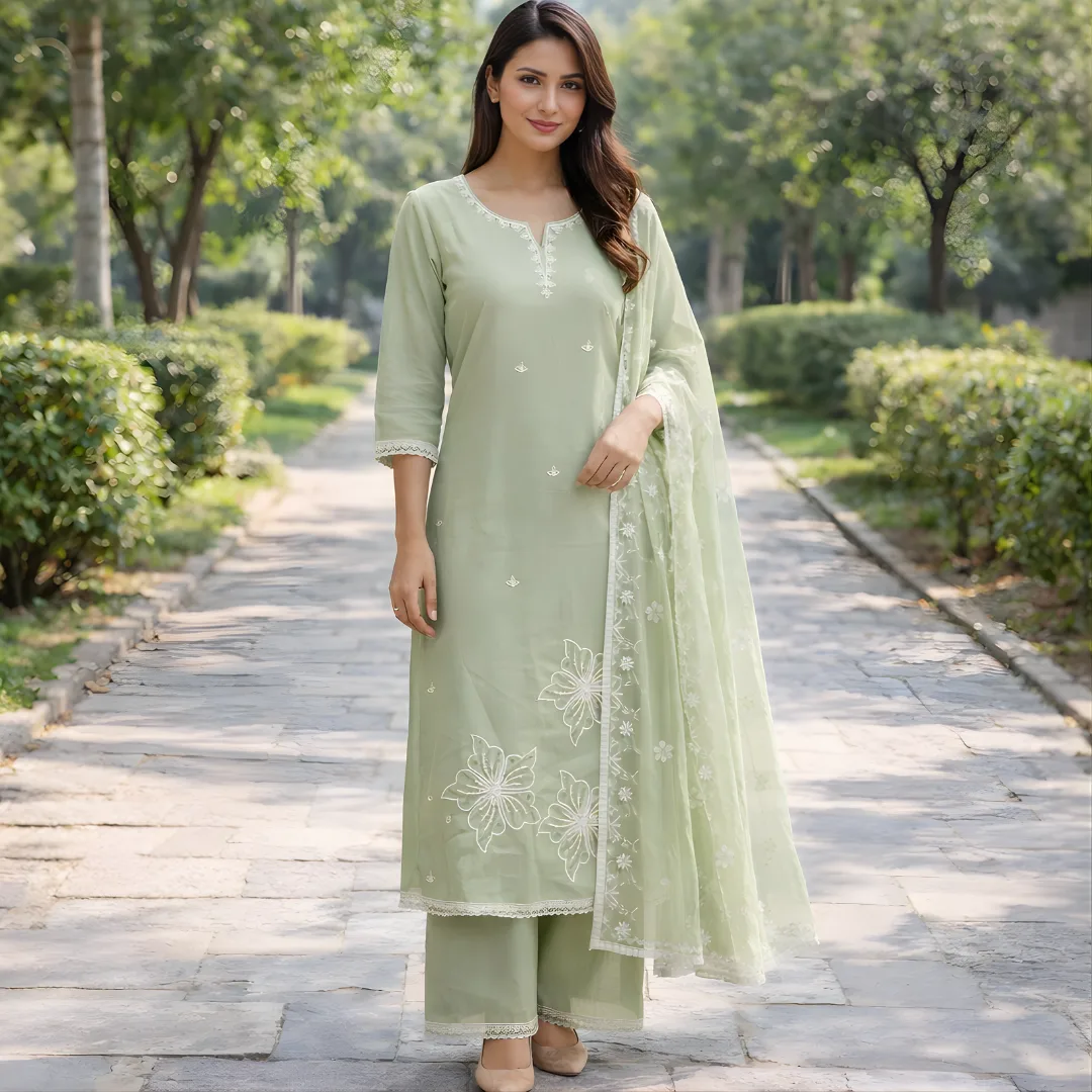 Pastel green embroidered salwar suit with dupatta front view