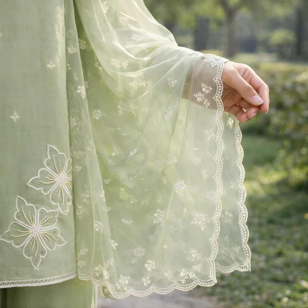 Pastel green dupatta embroidery detail