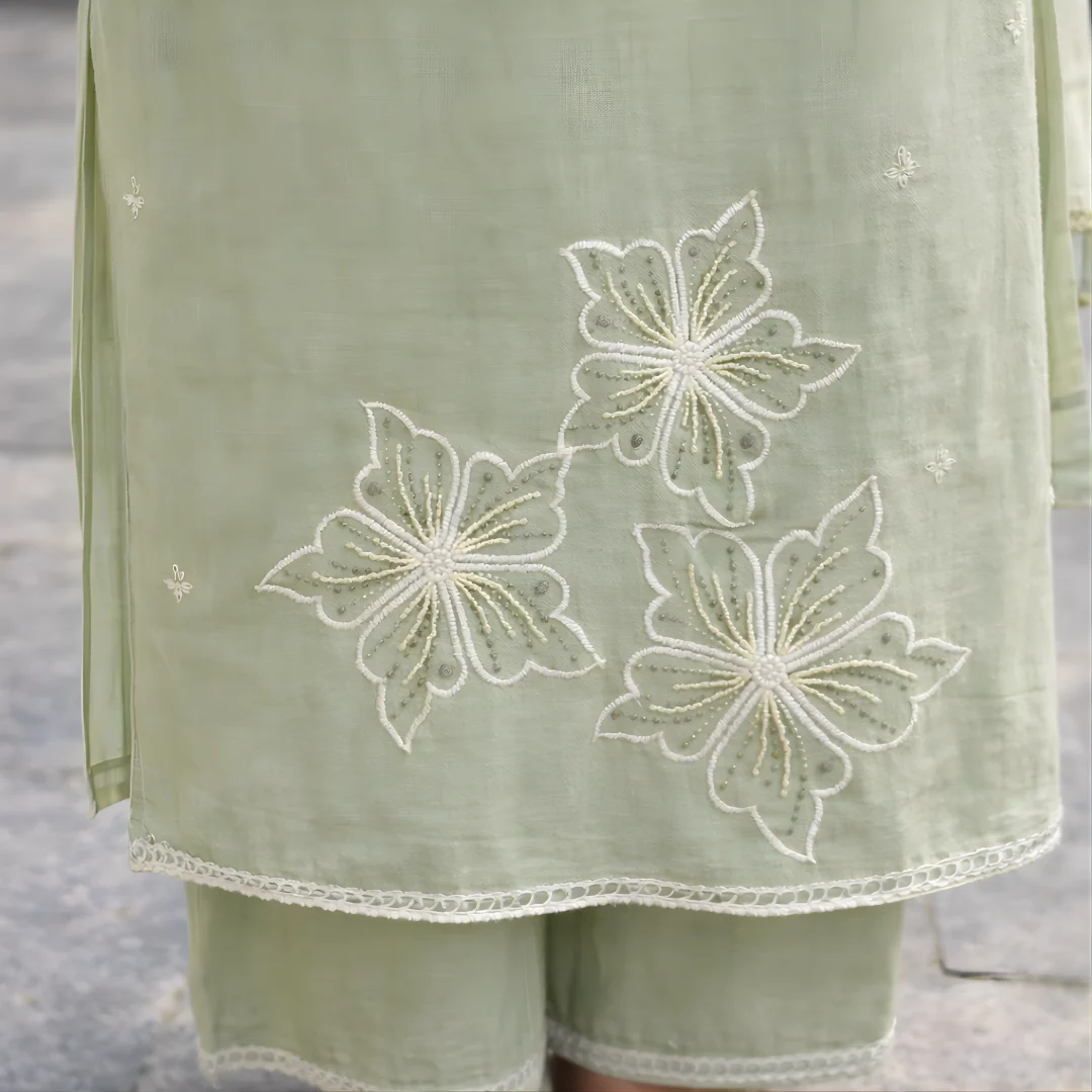 Pastel green kurta floral embroidery detail