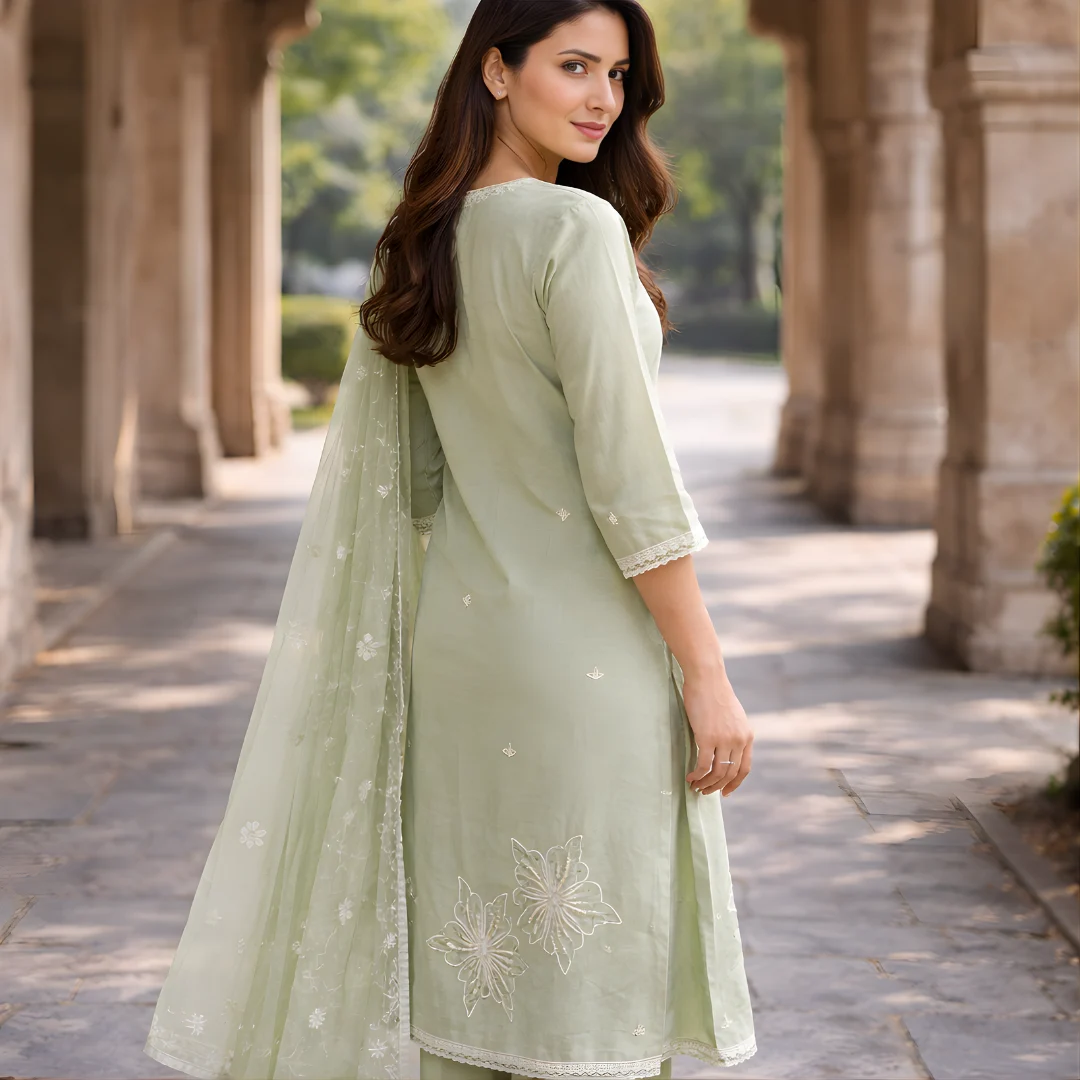Pastel green salwar suit side view with dupatta