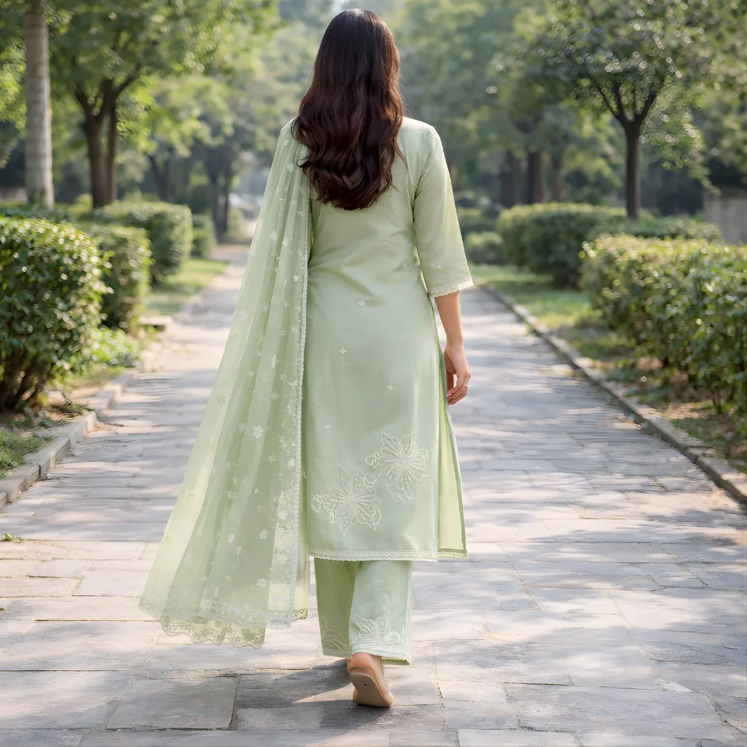 Pastel green salwar suit back view with dupatta