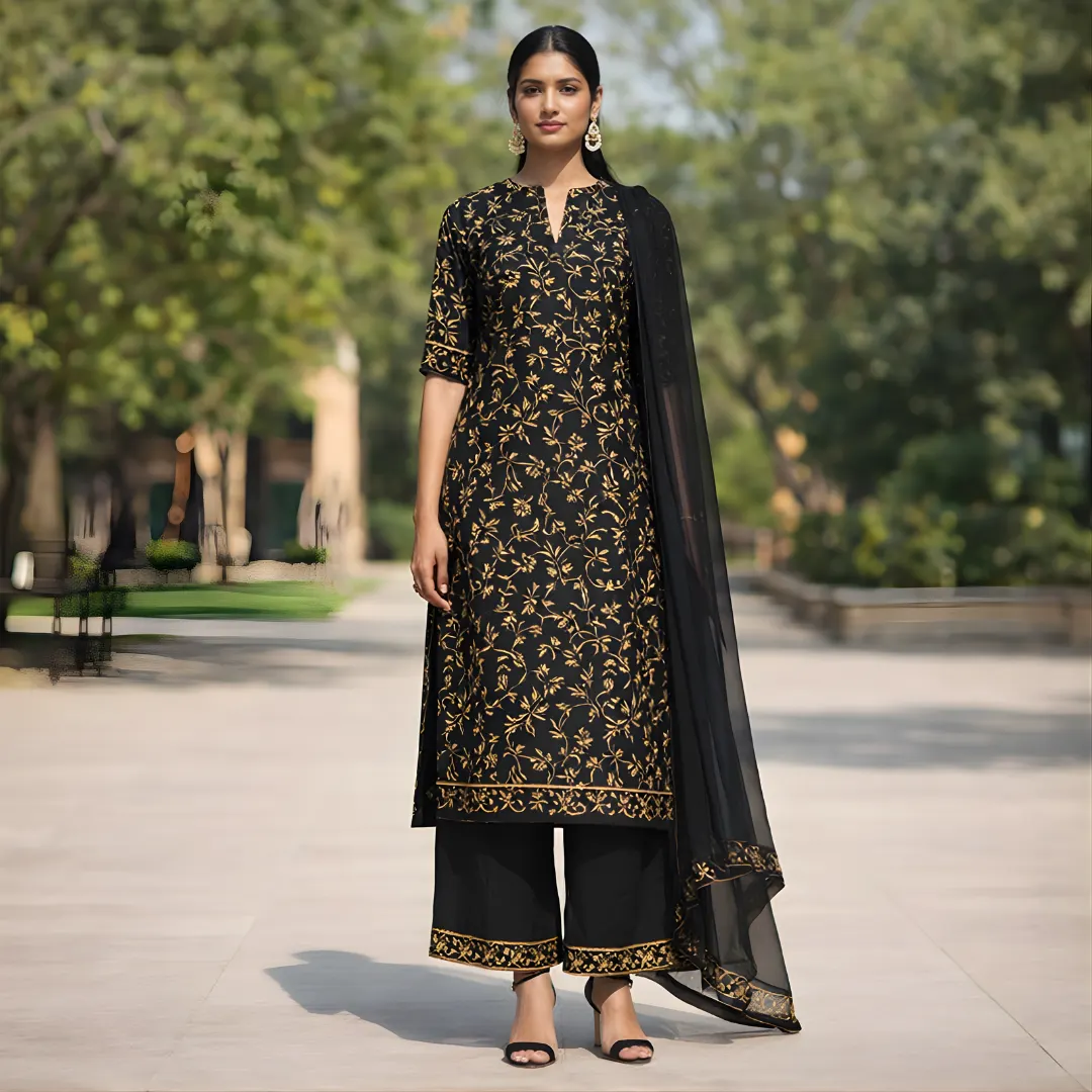 Black and gold printed salwar suit front view