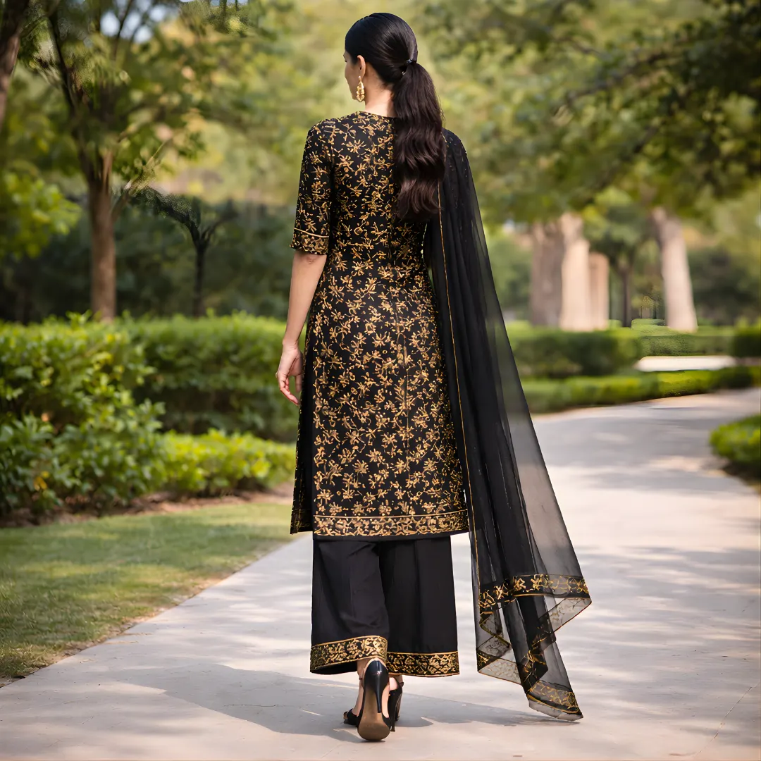 Black gold printed salwar suit back view