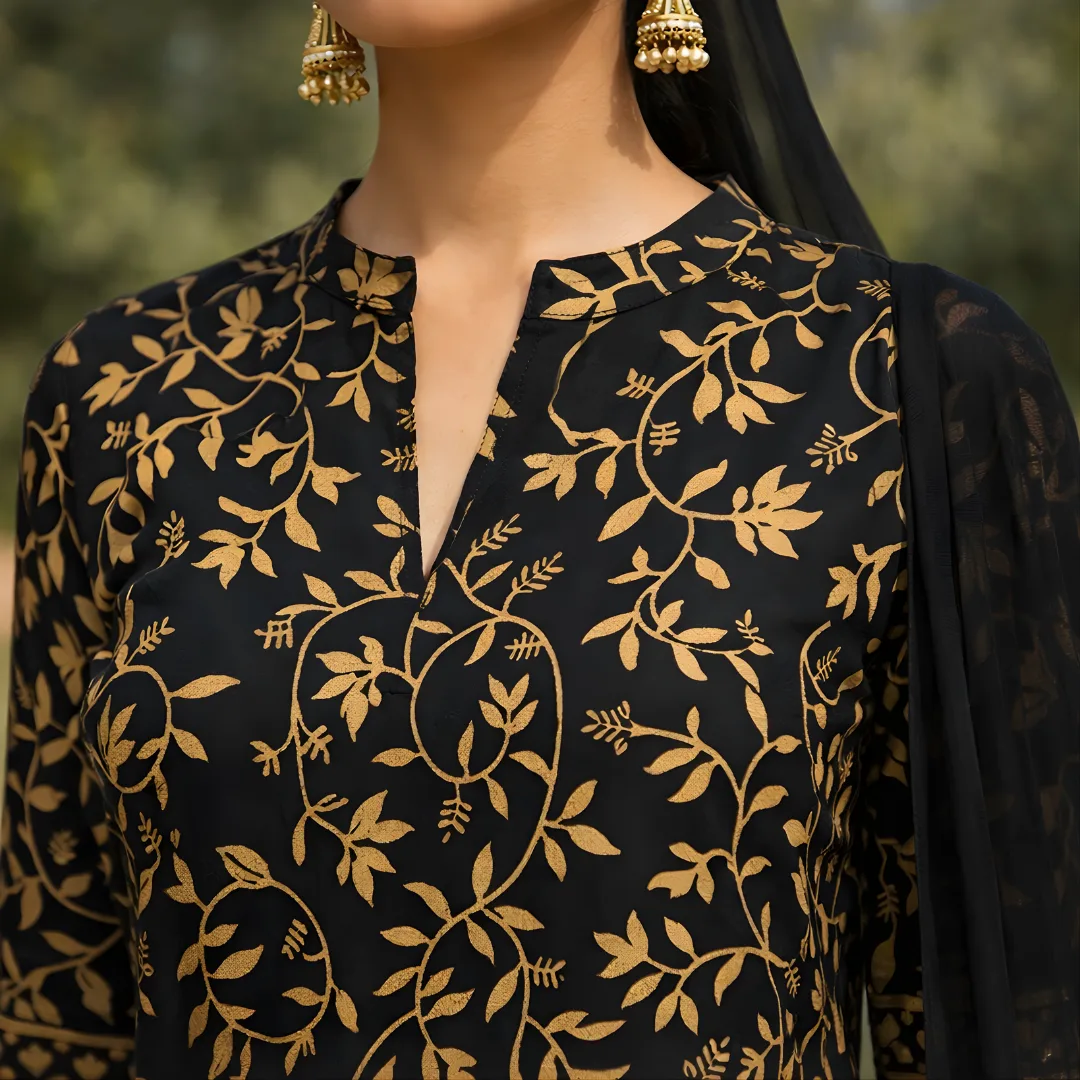 Black gold floral salwar suit neckline detail