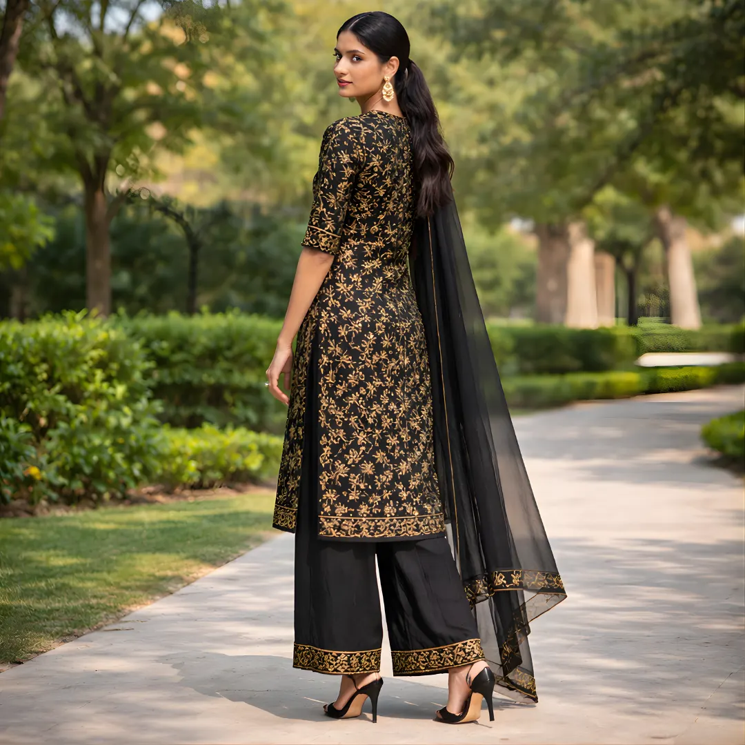 Black gold printed salwar suit side view with dupatta