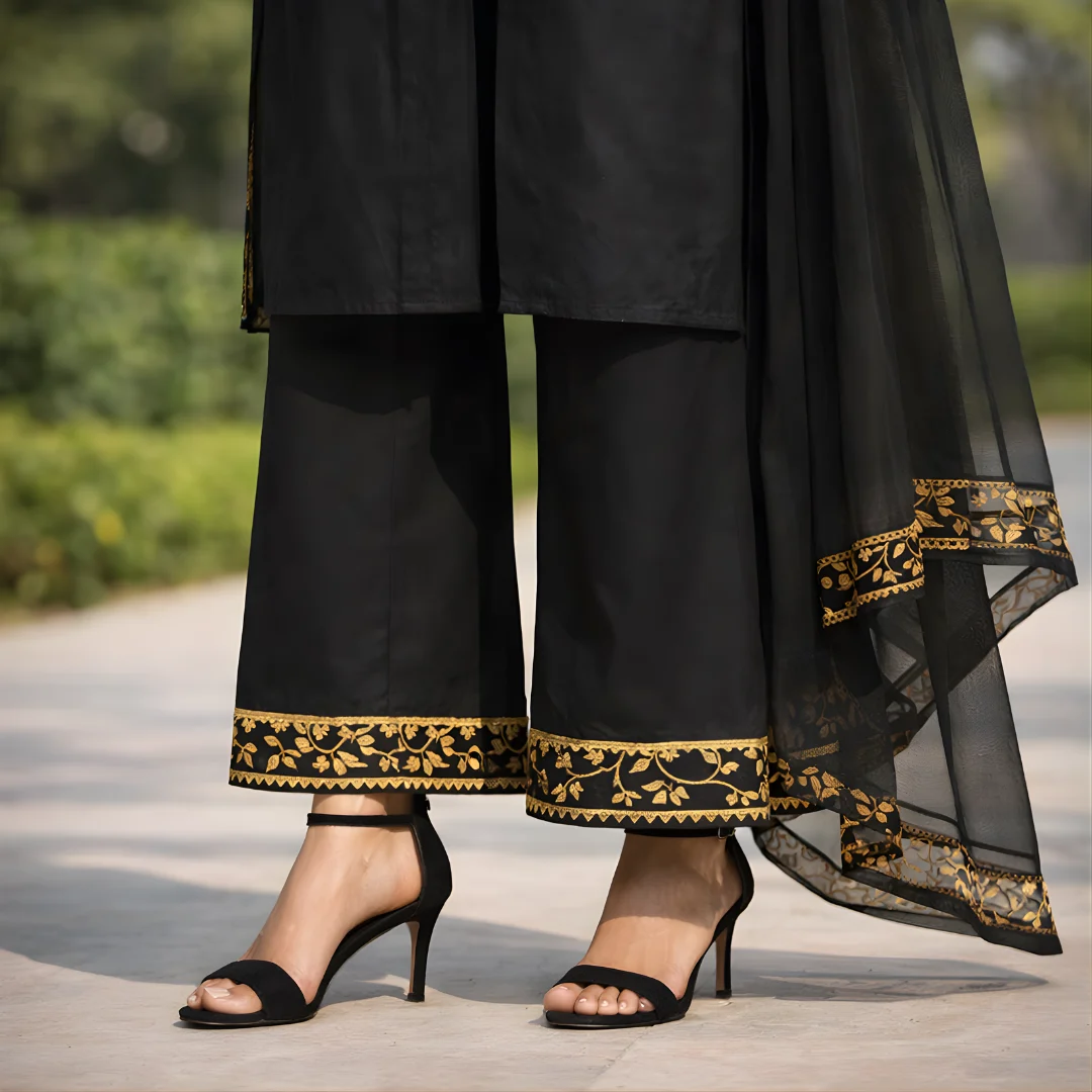 Black palazzo pants and dupatta border detail salwar suit
