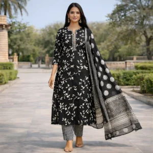 Black and white floral printed salwar suit front view