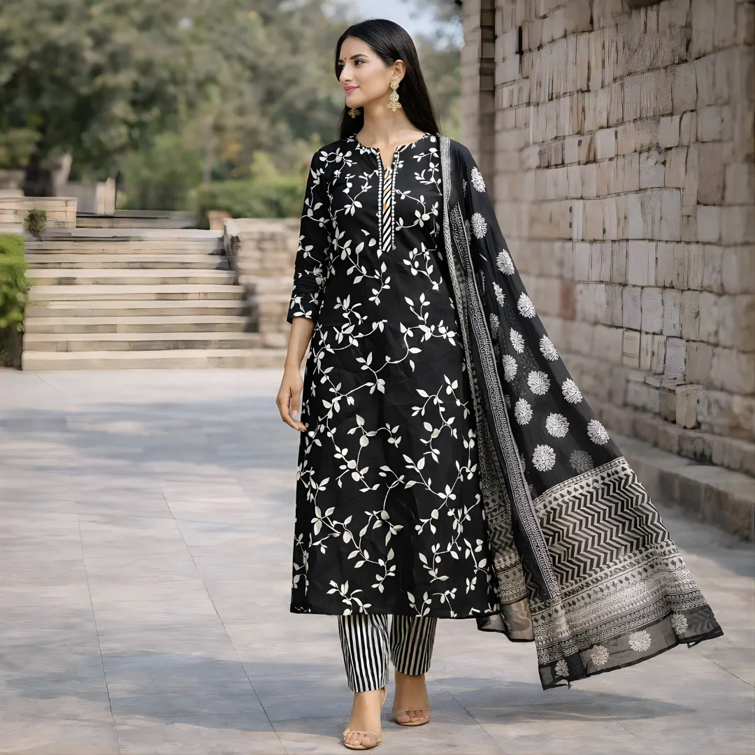 Black floral salwar suit side view with dupatta