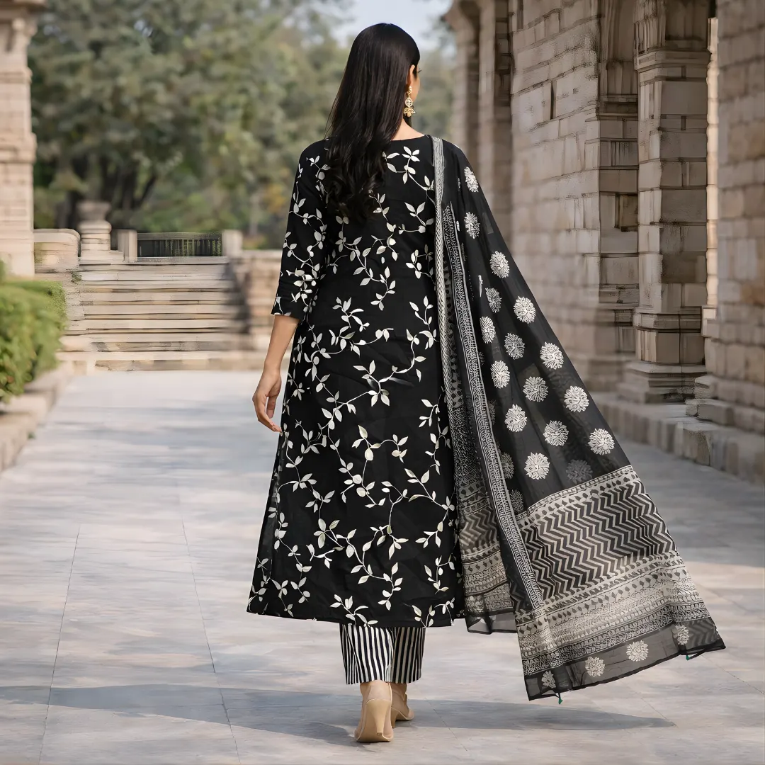 Black floral salwar suit back view with dupatta