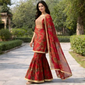 Red sharara suit side view showing flared sharara and dupatta fall