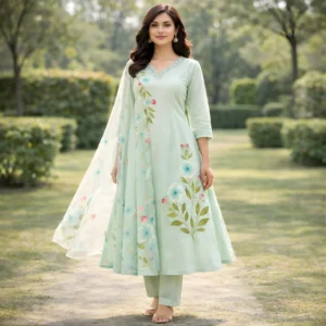 Mint green suit set with dupatta kurta pant full front view