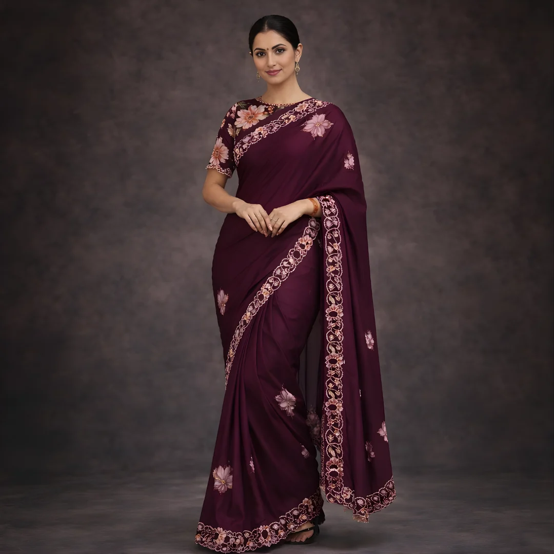 Wine maroon saree full front view with floral blouse and border