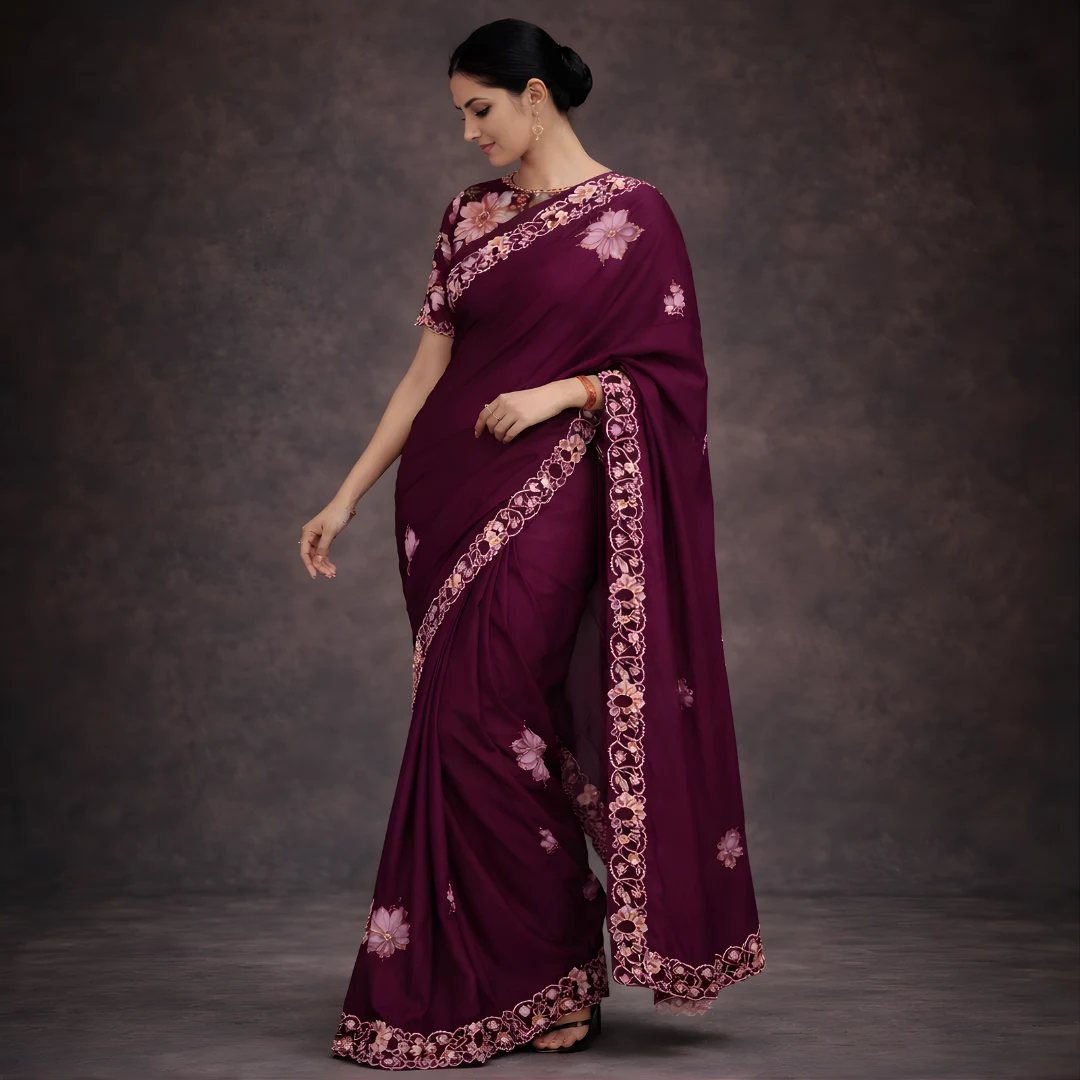 Wine saree side view showing drape and embroidered border