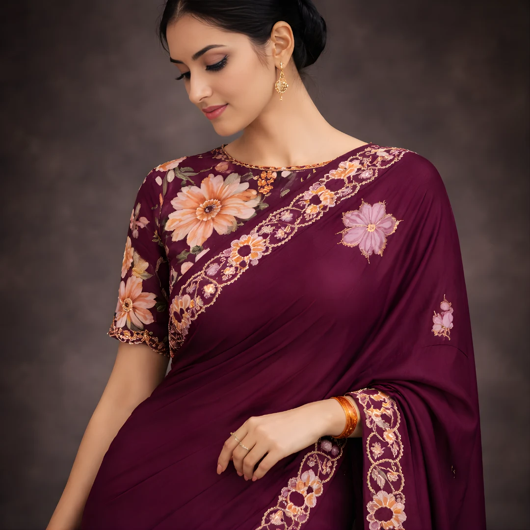 Wine saree border 3D floral embroidery close up