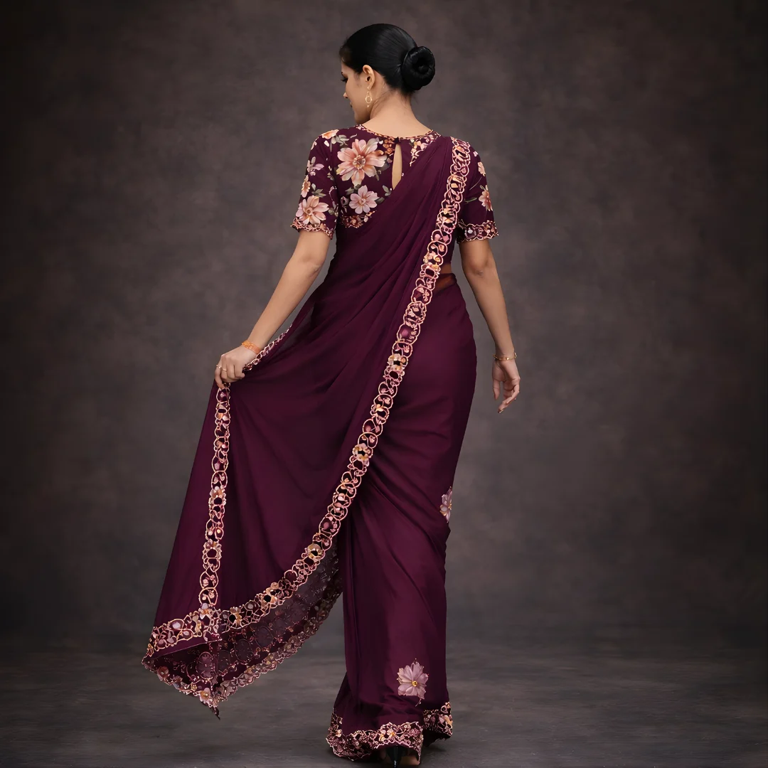 Wine saree back view with embroidered border and floral blouse
