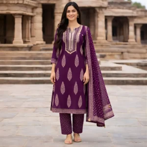 Purple printed salwar suit set for women full front view