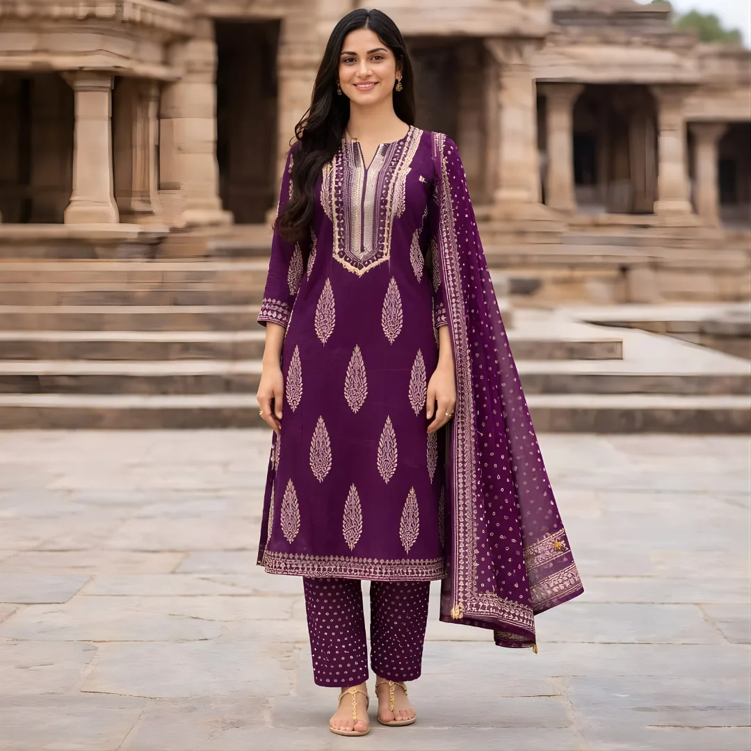 Purple printed salwar suit set for women full front view