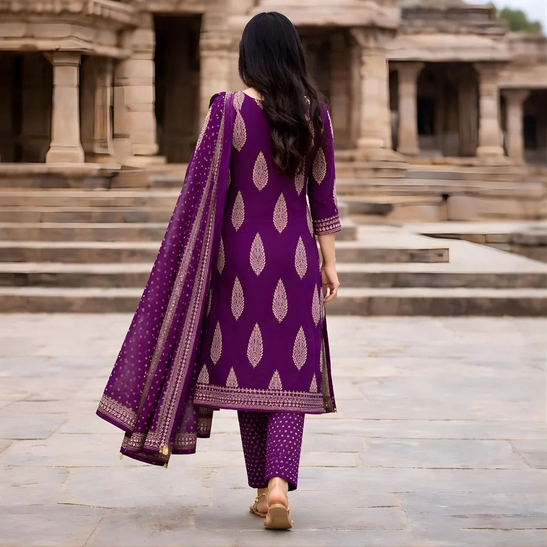 Purple salwar suit back view with dupatta