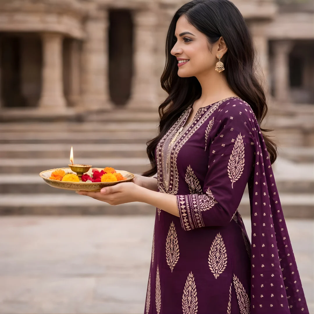 Purple printed salwar suit with dupatta festive look