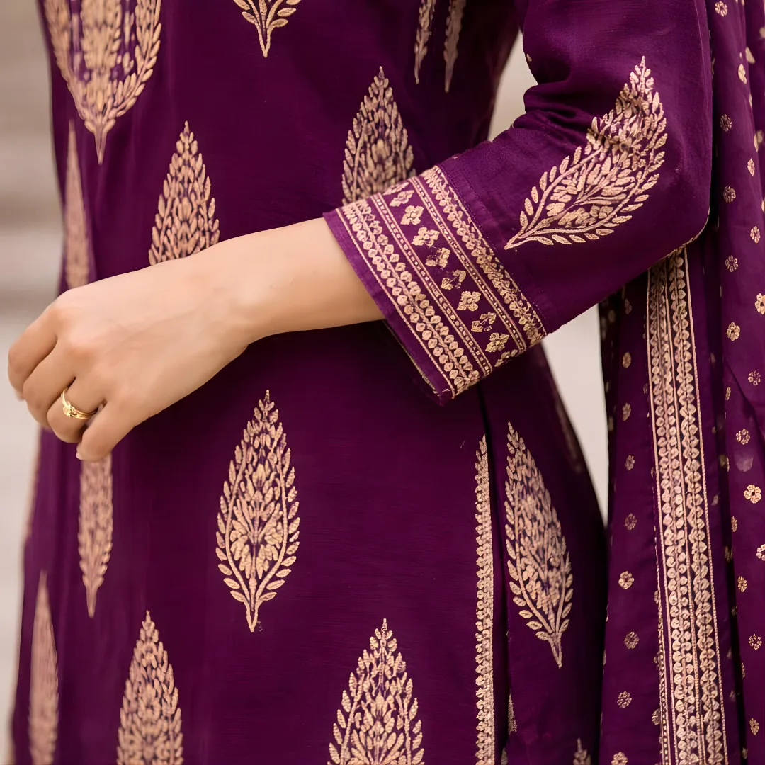 Purple salwar suit sleeve design with gold print