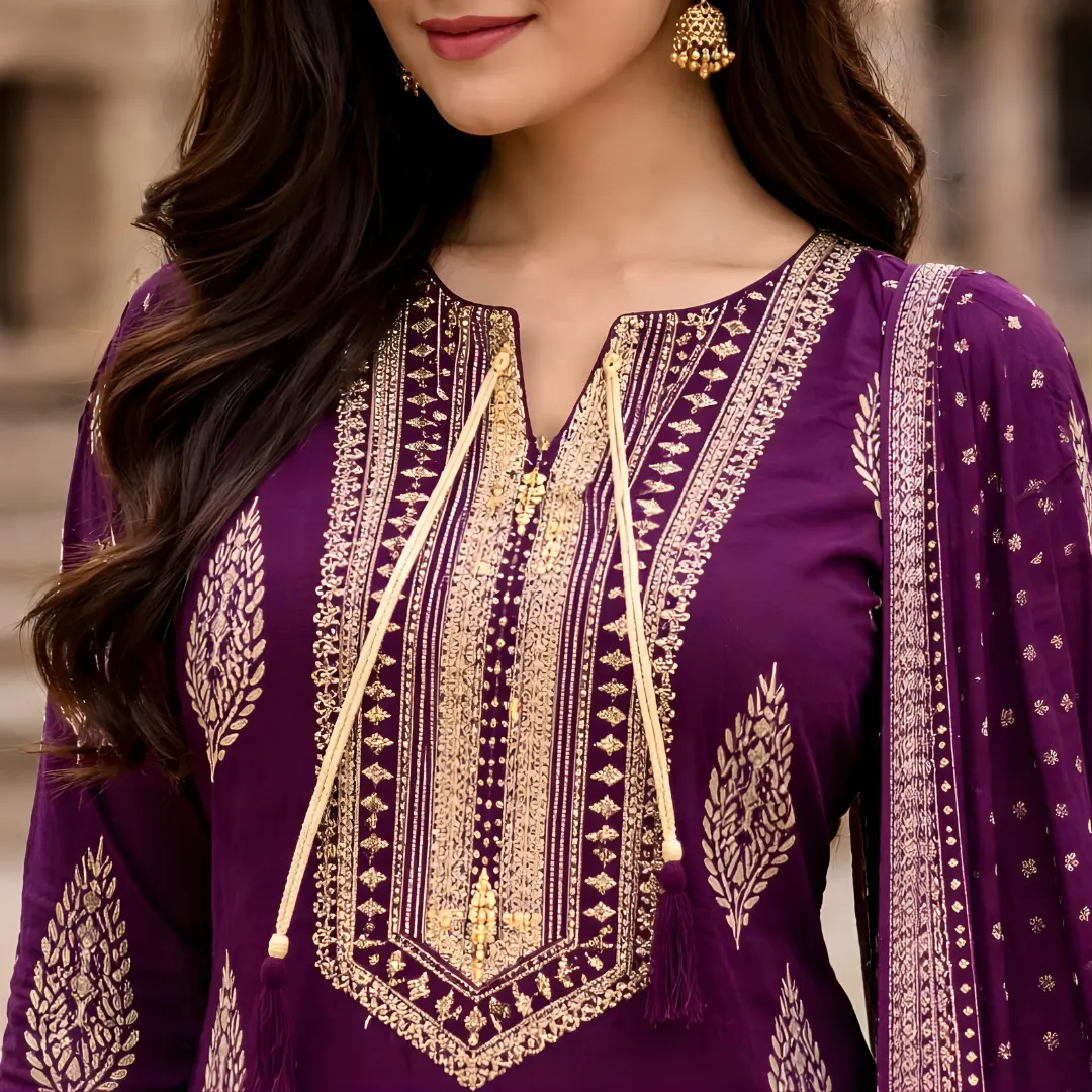 Purple salwar suit neckline design with gold detailing