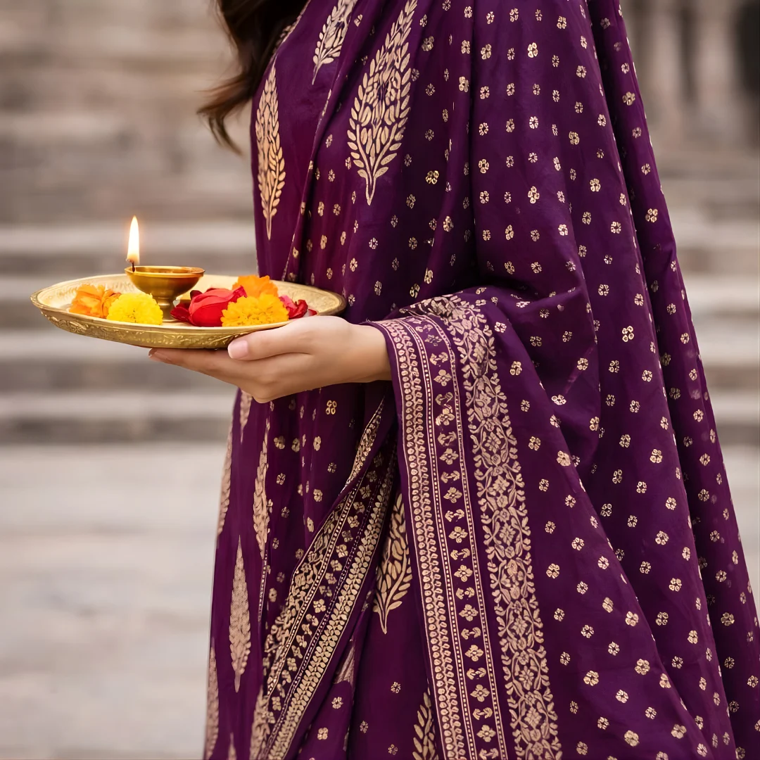 Purple dupatta with gold border for salwar suit