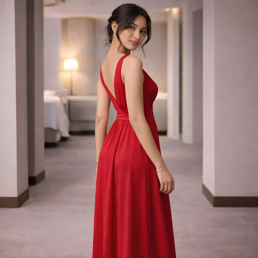 Red one piece dress back view sleeveless