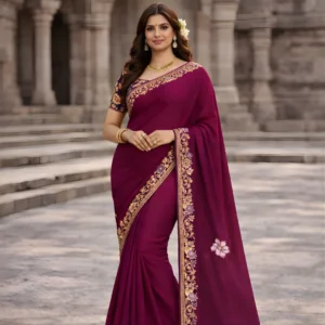 Wine embroidered saree with floral border and designer blouse front view