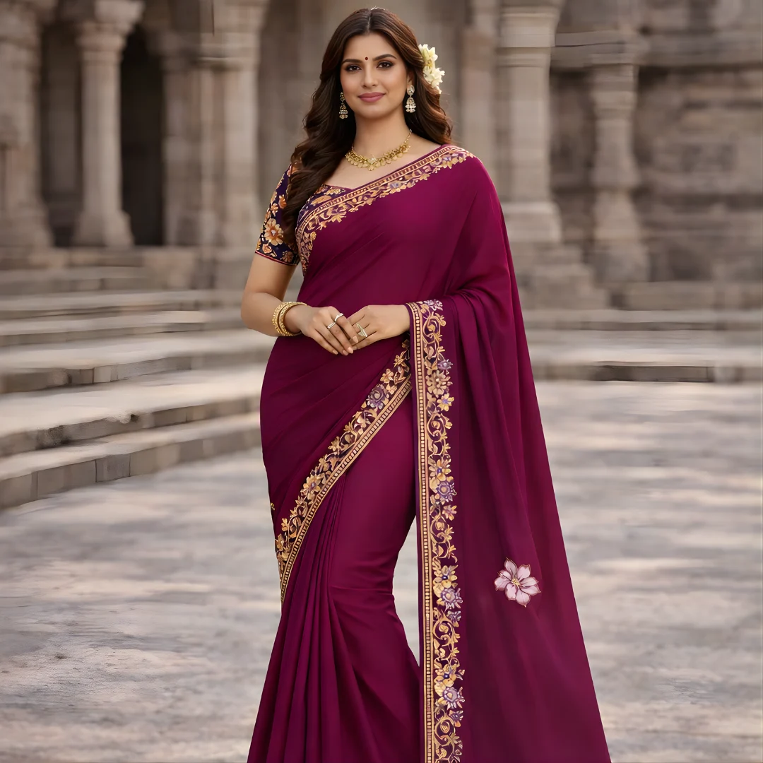 Wine embroidered saree with floral border and designer blouse front view