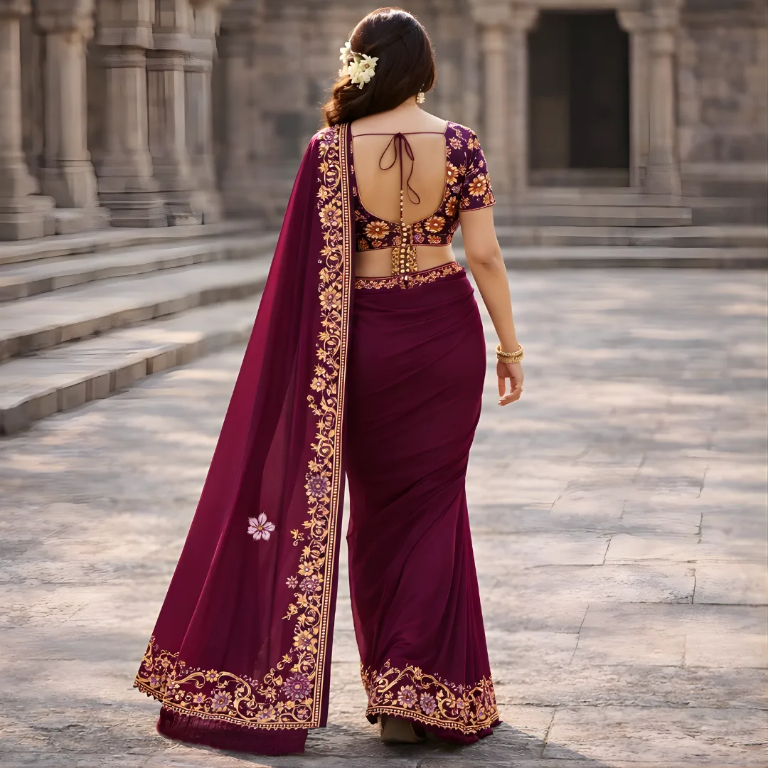 Wine saree back view with floral printed blouse and tie back design