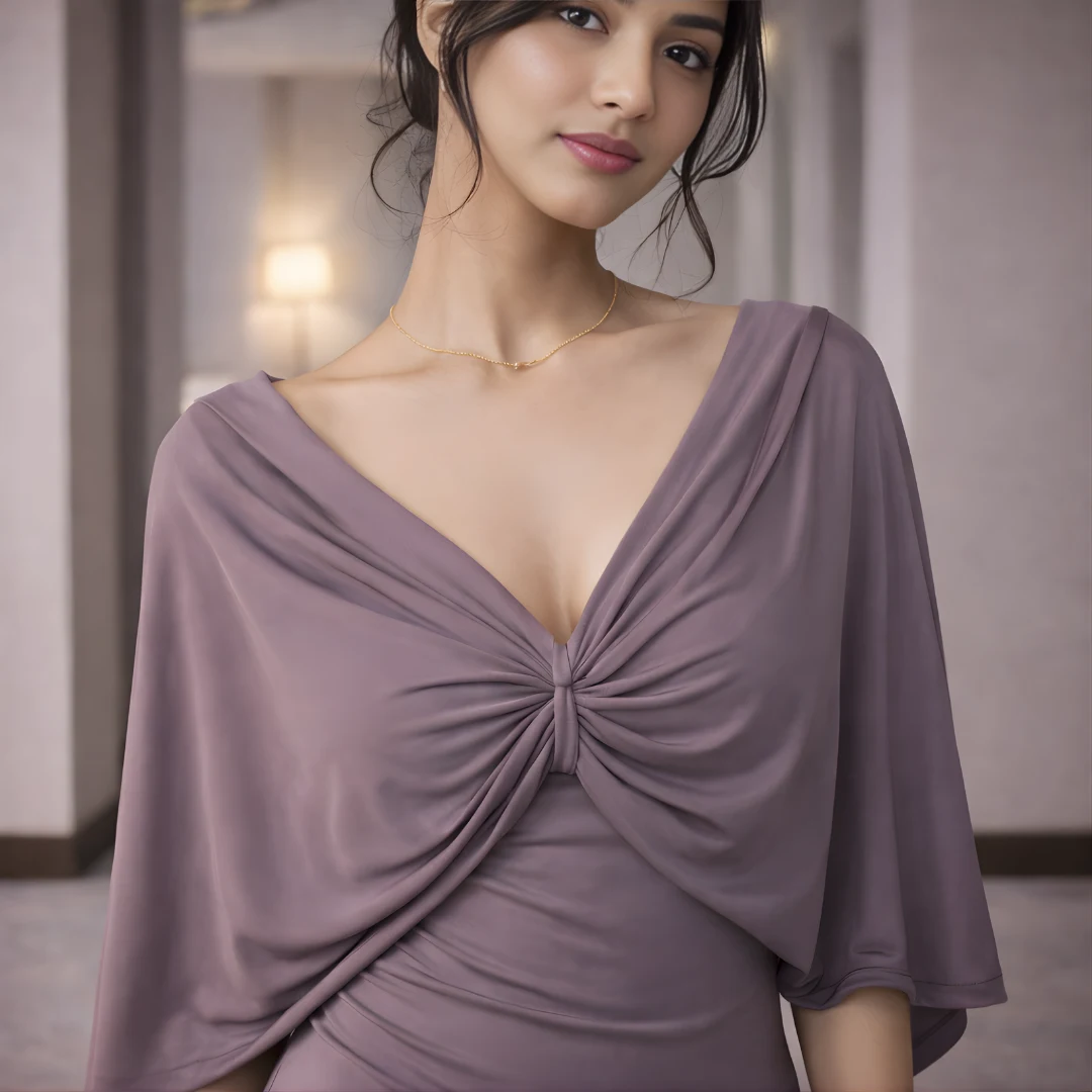 Mauve one piece dress draped neckline detail