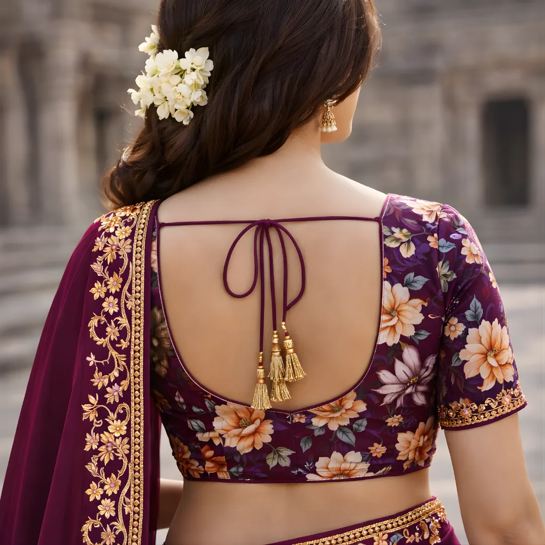 Floral printed blouse back design with tassel tie for wine saree