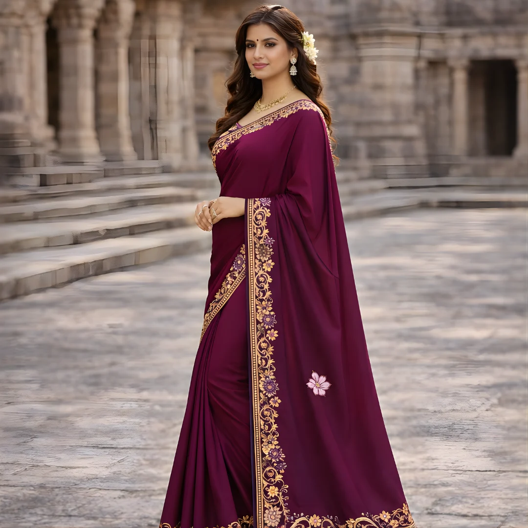 Wine saree side view showing embroidered border and drape