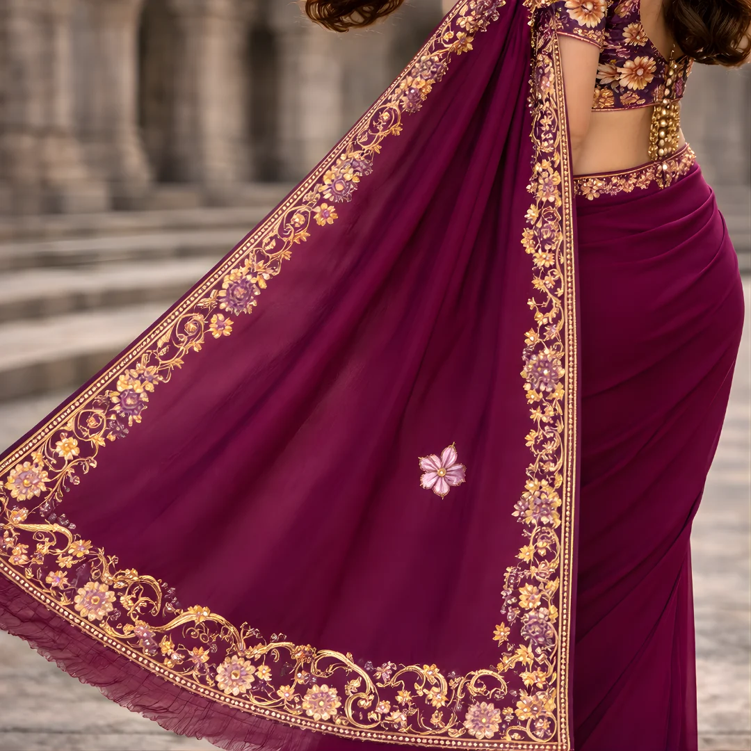 Wine saree pallu close up with floral embroidery border