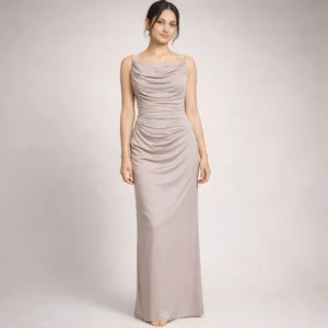 Beige floor length evening gown sleeveless party wear dress