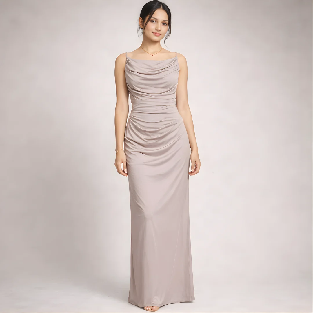 Beige floor length evening gown sleeveless party wear dress