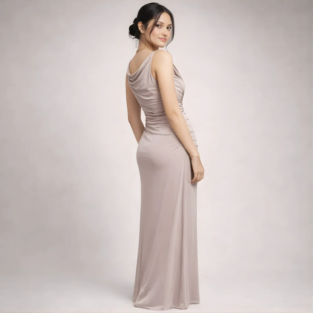 Beige evening gown side view floor length party dress